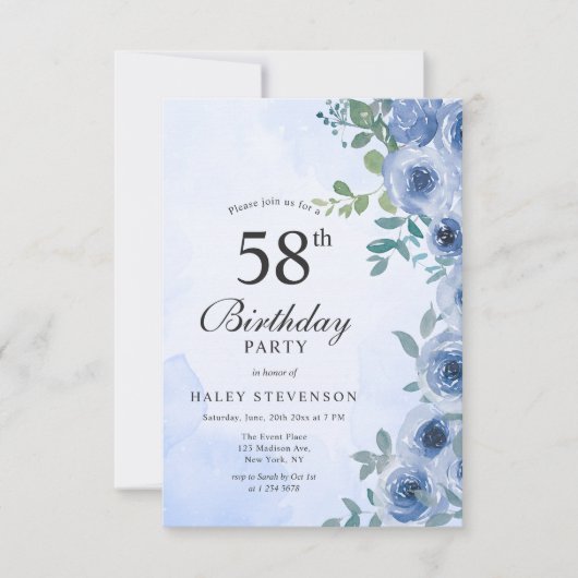 ダスティブルーウォーターカラーフローラシック58誕生日イン 招待状 (正面)