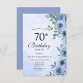 ダスティブルーウォーターカラーフローラシック70誕生日イン 招待状 (正面/裏面)