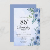 ダスティブルーウォーターカラーフローラシック86th誕生日 招待状 (正面/裏面)