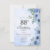 ダスティブルーウォーターカラーフローラシック88th誕生日 招待状 (正面)