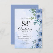ダスティブルーウォーターカラーフローラシック88th誕生日 招待状 (正面/裏面)