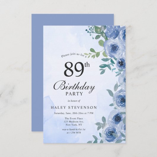 ダスティブルーウォーターカラーフローラシック89th誕生日 招待状 (正面/裏面)