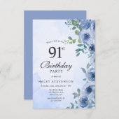 ダスティブルーウォーターカラーフローラシック91st誕生日 招待状 (正面/裏面)