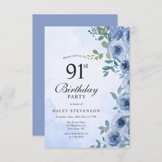 ダスティブルーウォーターカラーフローラシック91st誕生日 招待状 (正面/裏面)