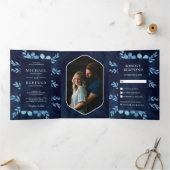 ダスティブルーウォーターカラーフローラフォトネイビ結婚ーズ 三つ折り招待状 (内部)