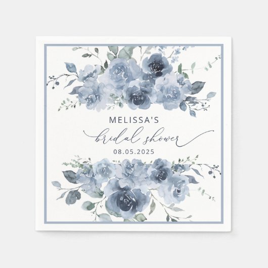 ダスティブルーウォーターカラーフローラブライダルシャワーナプキンス スタンダードカクテルナプキン (正面)