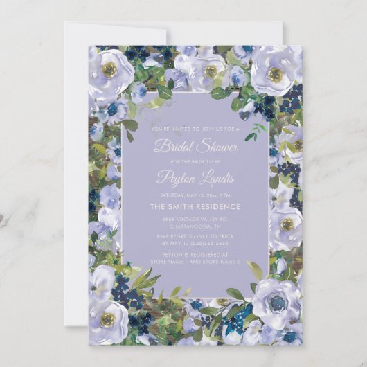 ダスティブルーウォーターカラーフローラブライダルシャワー 招待状 (正面)