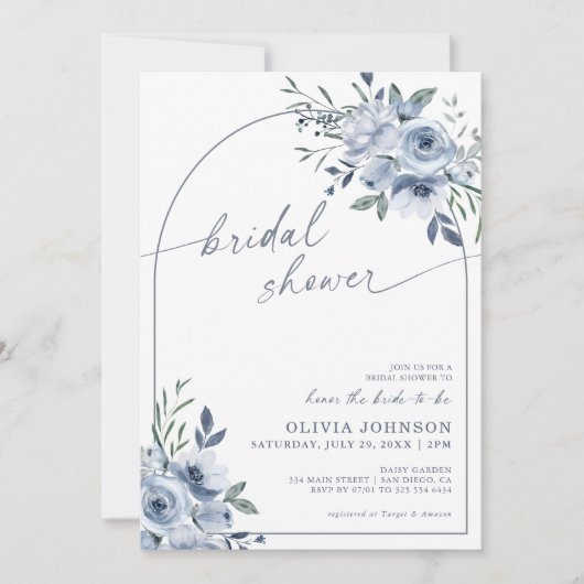 ダスティブルーウォーターカラーフローラブライダルシャワー 招待状 (正面)