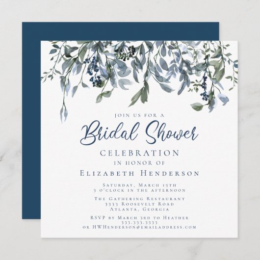 ダスティブルーウォーターカラーフローラブライダルシャワー 招待状 (正面/裏面)