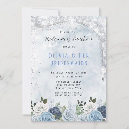 ダスティブルーウォーターカラーフローラブリデスメイドランチョン 招待状 (正面)