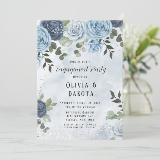 ダスティブルーウォーターカラーフローラ婚約パーティ 招待状 (スタンド正面)