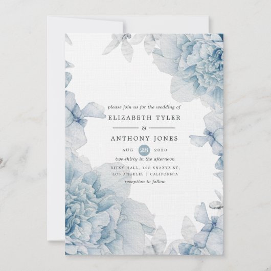 ダスティブルーウォーターカラーフローラ結婚式招待状 招待状 (正面)