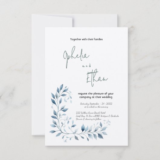 ダスティブルーウォーターカラーフローラ結婚式招待状 招待状 (正面)