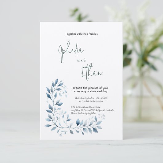 ダスティブルーウォーターカラーフローラ結婚式招待状 招待状 (スタンド正面)