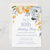ダスティブルーウォーターカラーフローラ80thバースデーパーティー 招待状 (正面/裏面)