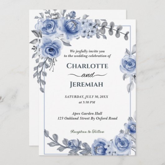 ダスティブルーウォーターカラーユーカリリース結婚ズ 招待状 (正面/裏面)