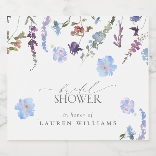 ダスティブルーウォーターカラーワイルドフラワーブライダルシャワー スパークリングワインラベル (シングルラベル)