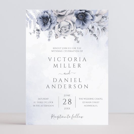 ダスティブルーウォーターフローラボタニカル結婚ズ 招待状