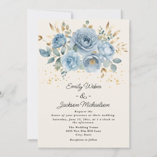 ダスティブルーウォーターフローラ離れ金ゴールド結婚s 招待状 (正面)