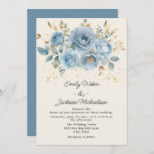 ダスティブルーウォーターフローラ離れ金ゴールド結婚s 招待状 (正面/裏面)