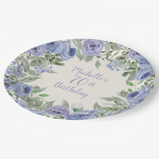 ダスティブルーウォーターフローラ70誕生日 ペーパープレート (アングル)