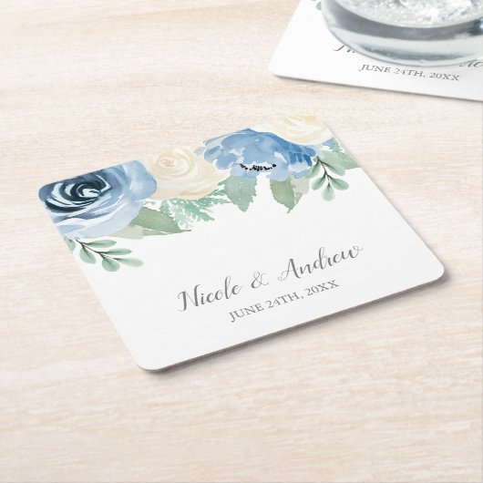 ダスティブルーウォーター結婚カラーフローラカスタムズ スクエアペーパーコースター (アングル)