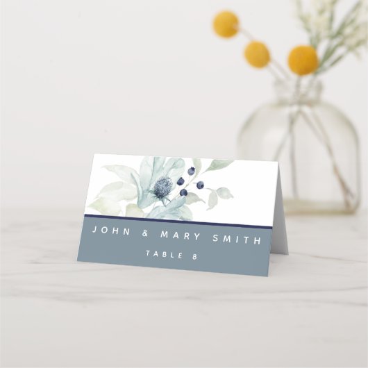 ダスティブルーウォーター色のフローラ結婚の座席表 プレイスカード (正面)