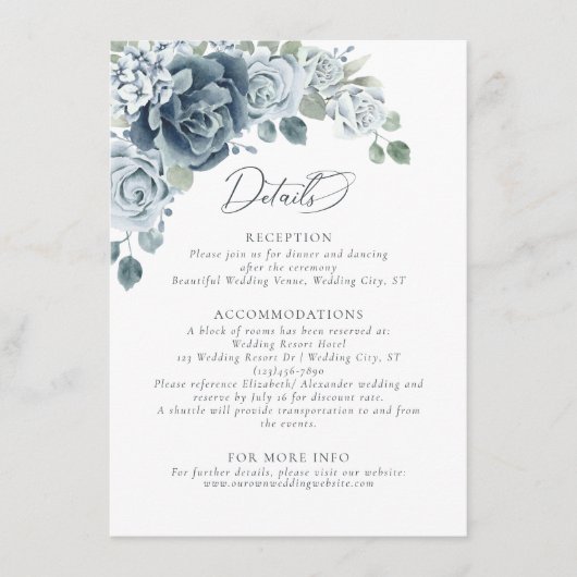 ダスティブルーウォーター色のフローラ結婚の詳細 エンクロージャーカード (正面)