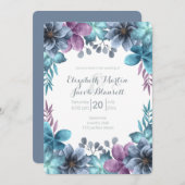 ダスティブルーウォーター色のフローラ結婚ズ 招待状 (正面/裏面)