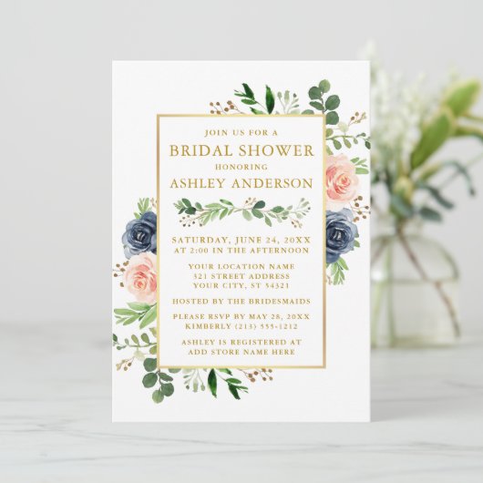 ダスティブルーウォーター色バラブライダルシャワー金ゴールド 招待状 (スタンド正面)