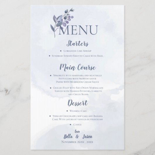 ダスティブルーウォーター色フローラウェディングパーティーメニュー (正面)
