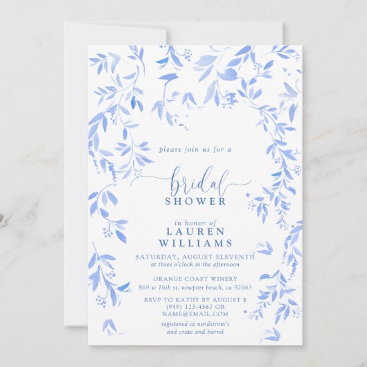 ダスティブルーウォーター色フローラスクリプトブライダルシャワー 招待状 (正面)