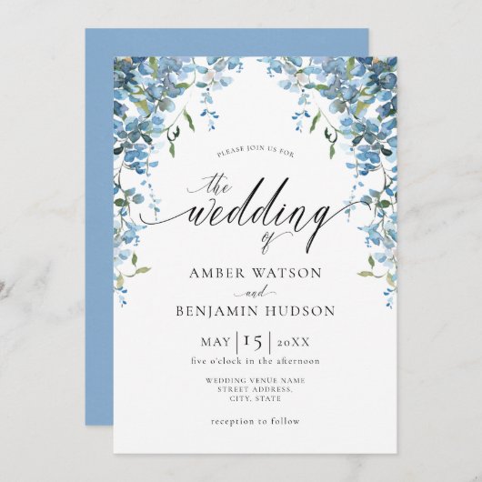 ダスティブルーウォーター色フローラ藤結婚州の請求書 招待状 (正面/裏面)