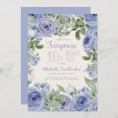 ダスティブルーウォーター色フローラ100th誕生日パーティー 招待状 (正面/裏面)