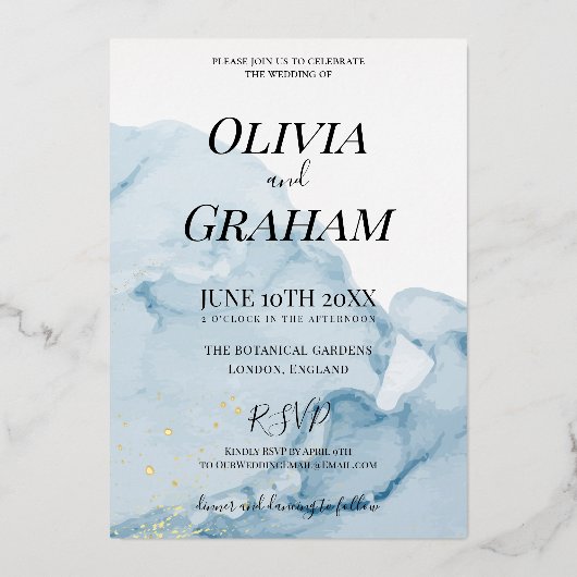 ダスティブルーウォーター色伝統的金ゴールド招待状 箔招待状 (正面)