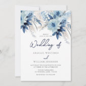 ダスティブルーウォーター花模様とネイビー結婚ズ 招待状 (正面)
