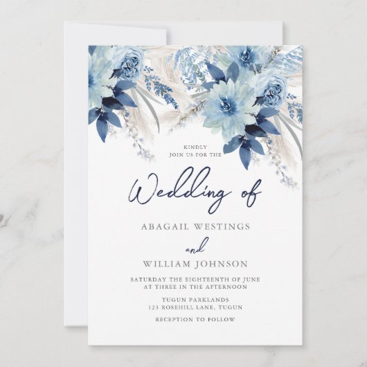 ダスティブルーウォーター花模様とネイビー結婚ズ 招待状 (正面)
