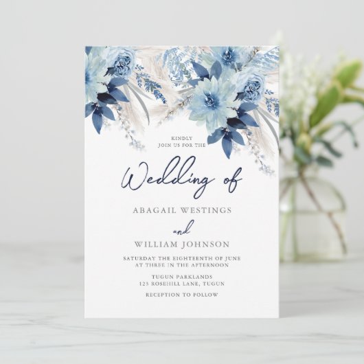 ダスティブルーウォーター花模様とネイビー結婚ズ 招待状 (スタンド正面)