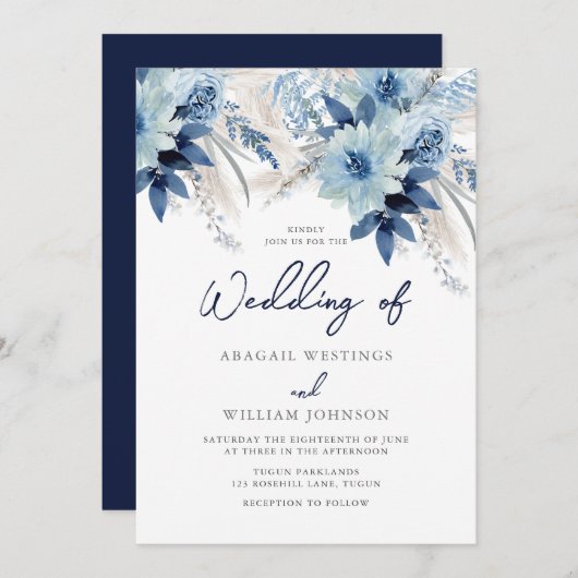 ダスティブルーウォーター花模様とネイビー結婚ズ 招待状 (正面/裏面)