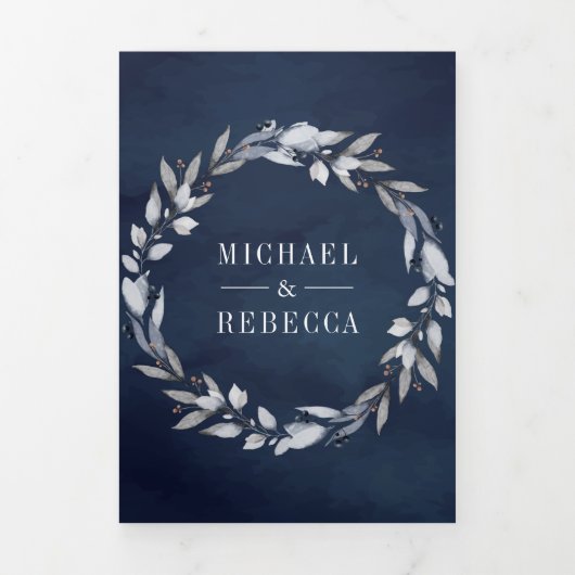 ダスティブルーウォーター葉カラーズ冬海軍結婚ズ 三つ折り招待状 (カバー)