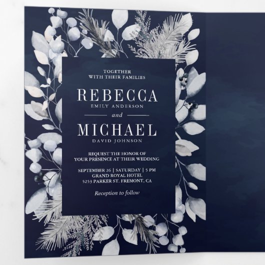 ダスティブルーウォーター葉カラーズ冬海軍結婚ズ 三つ折り招待状 (内部最初)