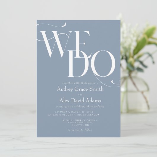 ダスティブルーウモダンィードゥ結婚式招待状 招待状 (スタンド正面)