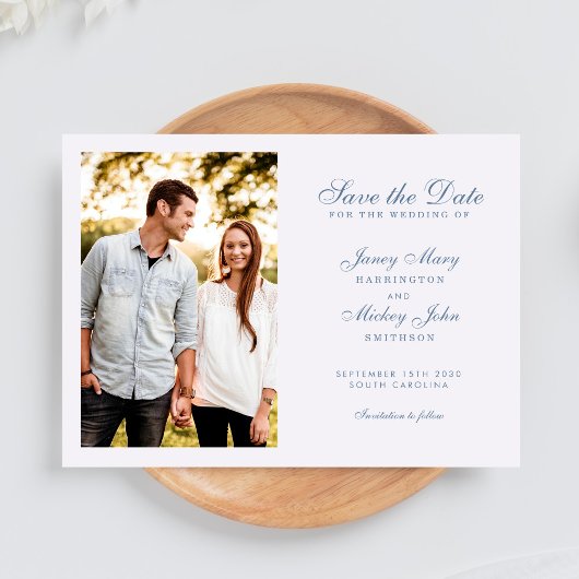 ダスティブルーエレガントな結婚式の日付を保存 インビテーションポストカード