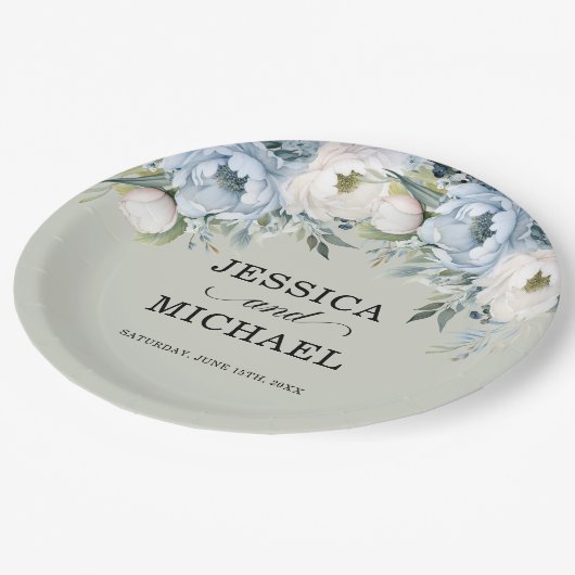 ダスティブルーエレガントアイボリーフローラセージグリーン ペーパープレート (アングル)