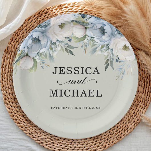 ダスティブルーエレガントアイボリーフローラセージグリーン ペーパープレート