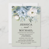 ダスティブルーエレガントアイボリーフローラセージグリーン 招待状 (正面)