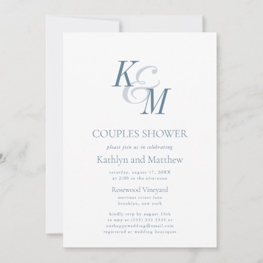 ダスティブルーエレガントクラシックシンプルカップルシャワー 招待状 (正面)