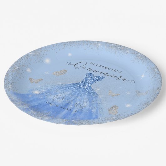 ダスティブルーエレガントグレイグリッターガウンキンセアニラ ペーパープレート (アングル)
