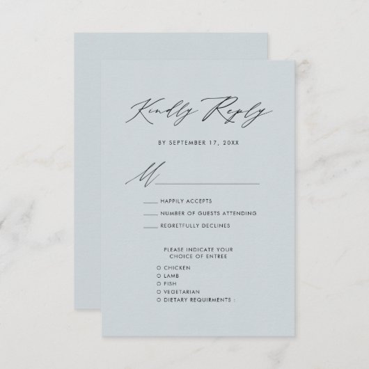 ダスティブルーエレガントスクリプトミニマリスト結婚式RSVP エンクロージャーカード (正面/裏面)