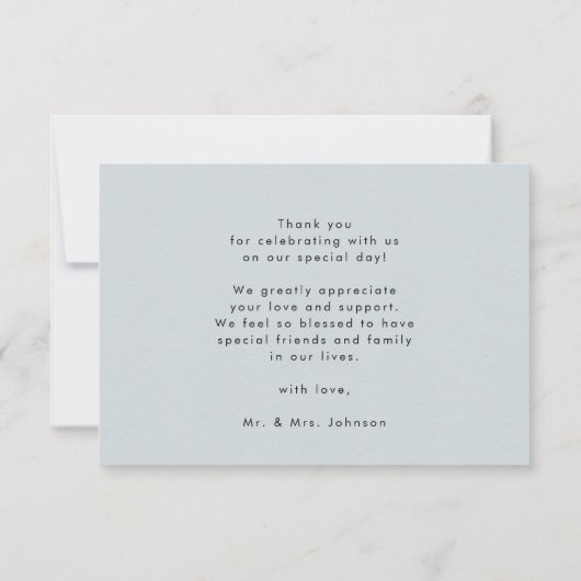 ダスティブルーエレガントスクリプトミニマル結婚リスト サンキューカード (裏面)